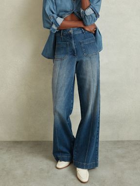 Mid Blue Reiss Kira Front Pocket Wide Leg Jeans