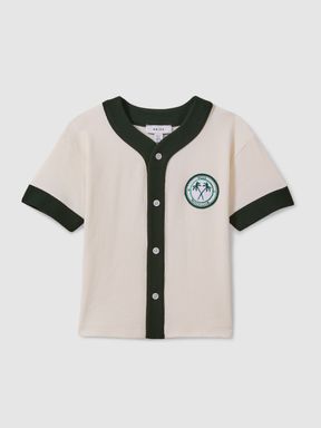 Ecru/Green Reiss Ark Textured Cotton Baseball Shirt