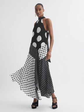 Black/White Florere Polka Dot Asymmetric Midi Dress