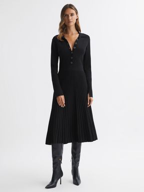 Black Reiss Mia Knitted Pleated Midi Dress