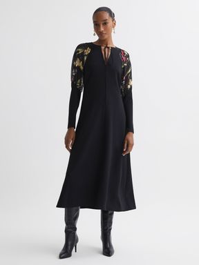 Black Florere Print Sleeve Midi Dress