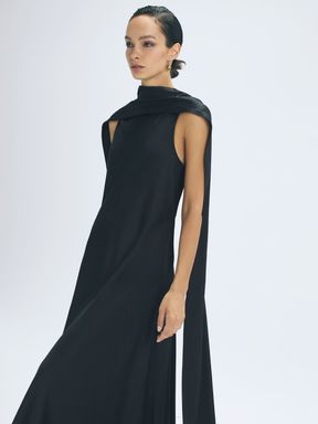 Black Reiss Keira Atelier Duchess Satin Cape Maxi Dress