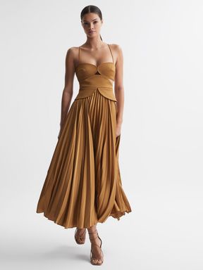 Gold Acler Peplum Pleated Midi Dress