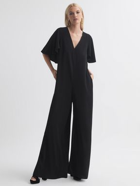 Black Florere Relaxed Fit Cape Sleeve Jumpsuit