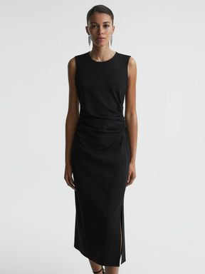 Black Reiss Skye Ruched Bodycon Midi Dress