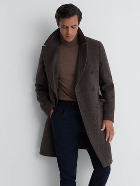 Brown Reiss Date Wool Check Double Breasted Coat