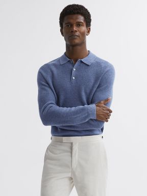 Blue Melange Reiss Holms Merino Wool Polo Shirt