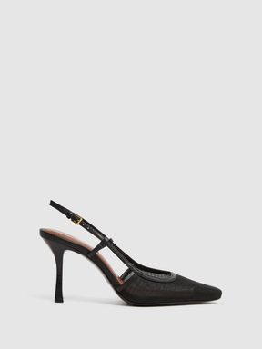 Black Reiss Giselle Leather Mesh Slingback Heels