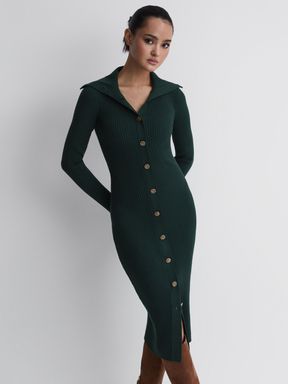 Green Reiss Maria Button Through Bodycon Midi Dress