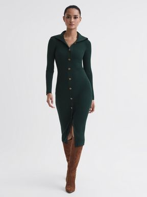 Green Reiss Maria Button Through Bodycon Midi Dress