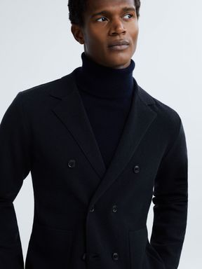 Navy Reiss Marko Atelier Cashmere Knitted Double Breasted Blazer