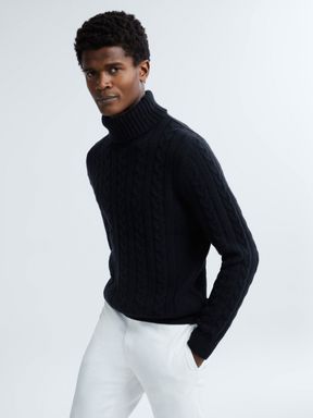 Navy Reiss James Cashmere Cable Knit Funnel Neck Jumper