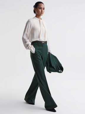 Bottle Green Reiss Jade Wide Wide Leg Wool Blend Mid Rise Suit Trousers