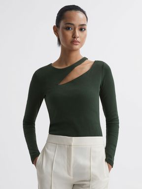 Green Reiss Myla Cotton Cut-Out Long Sleeve Top