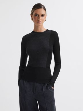 Black/Charcoal Reiss Jude Hybrid Wool-Silk Knit T-Shirt