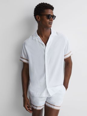 White/Beige Reiss Valbonne Reiss | Ché Contrast Cuff Cuban Collar Shirt