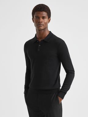 Black Reiss Trafford Merino Wool Polo Shirt