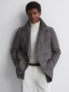 Black/Brown Reiss Brag Wool Double Breasted Check Coat