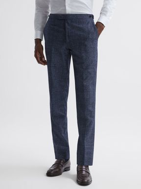 Indigo Reiss Barrett Slim Fit Wool-Linen Check Trousers