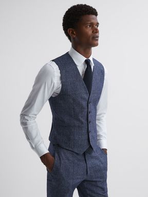Indigo Reiss Barrett Slim Fit Wool-Linen Check Waistcoat