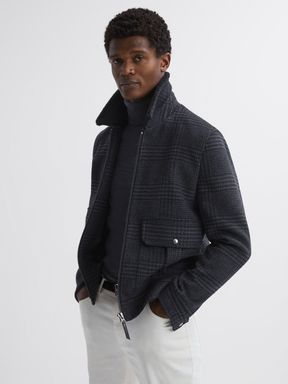 Navy Reiss Robyn Wool Blend Check Jacket