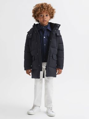 Navy Reiss Isaac Quilted Hooded Coat