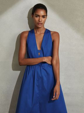 Cobalt Blue Reiss Yana Cotton Blend High-Low Midi Dress
