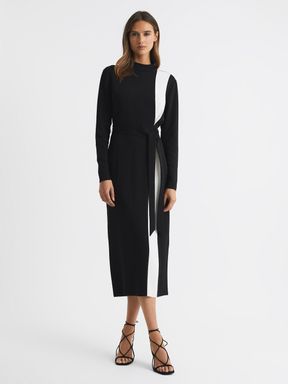 Black/White Reiss Millie Contrast Stripe Belted Midi Dress