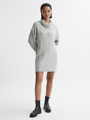 Soft Grey Reiss Sami Oversized Wool Blend Cowl Neck Mini Dress