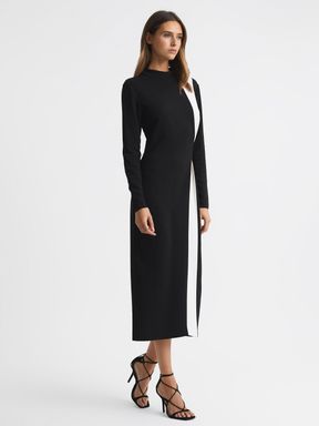 Black/White Reiss Millie Contrast Stripe Belted Midi Dress