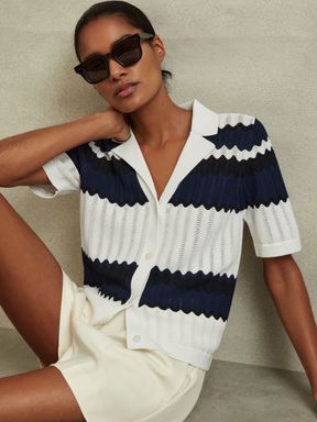 Navy/White Reiss Alba Knitted Colourblock Cuban Collar Shirt
