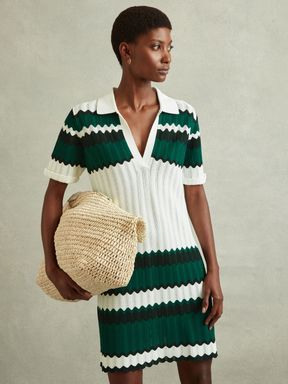 Green/White Reiss Malory Knitted Tunic Dress