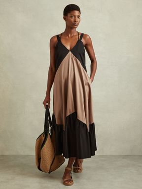 Brown/Black Reiss Natalie Cotton Colourblock Flounced Midi Dress