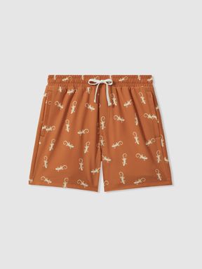 Orange/White Reiss Cammy Reptile Print Drawstring Swim Shorts