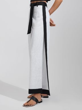 White/Navy Reiss Harlow Linen Side Split Trousers
