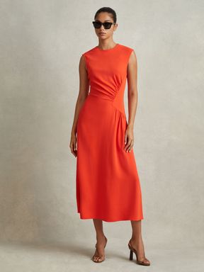 Orange Reiss Stacey Jersey Ruched Midi Dress