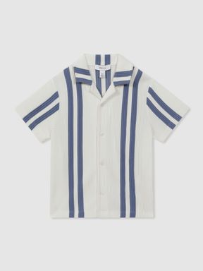 White/Airforce Blue Reiss Castle Ribbed Striped Cuban Collar Shirt
