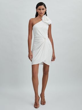 White Halston One-Shoulder Ruffle Mini Dress