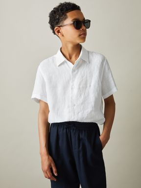 White Reiss Holiday Short Sleeve Linen Shirt