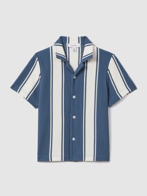 Airforce Blue/White Reiss Alton Ribbed Cuban Collar Shirt