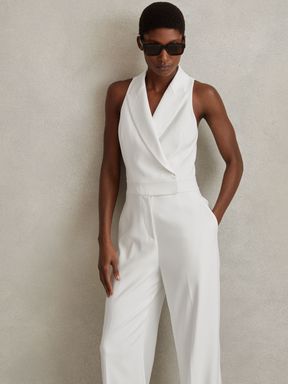 White Reiss Lainey Double Breasted Satin Tux Jumpsuit