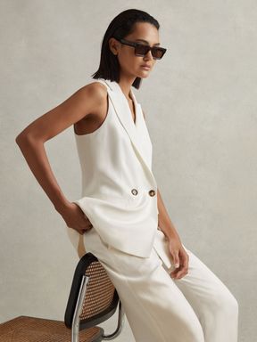White Reiss Lori Halter Viscose Linen Double Breasted Suit Waistcoat