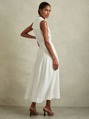 White Reiss Heidi Viscose Linen Belted Midi Dress