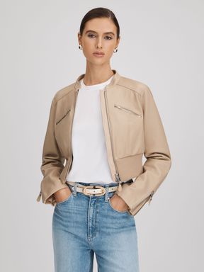 Cream Paige Cropped Leather Jacket