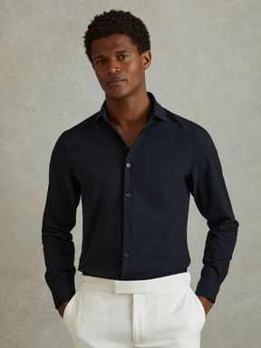 Navy Reiss Spring Textured Cutaway Collar Shirt