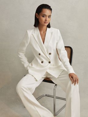 White Reiss Lori Viscose Linen Double Breasted Suit: Blazer