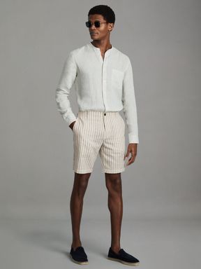 Ecru Stripe Reiss Ezra Cotton Blend Internal Drawstring Shorts