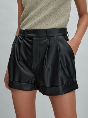 Black Paige Front Pleat Faux Fur Leather Shorts