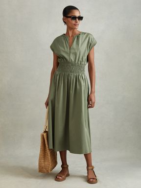 Green Reiss Lena Cotton Ruched Waist Midi Dress