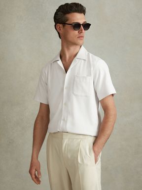 White Reiss Nitus Herringbone Cuban Collar Shirt